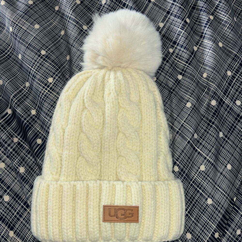 UGG Ivory Cable Knit Beanie with Pom-Pom